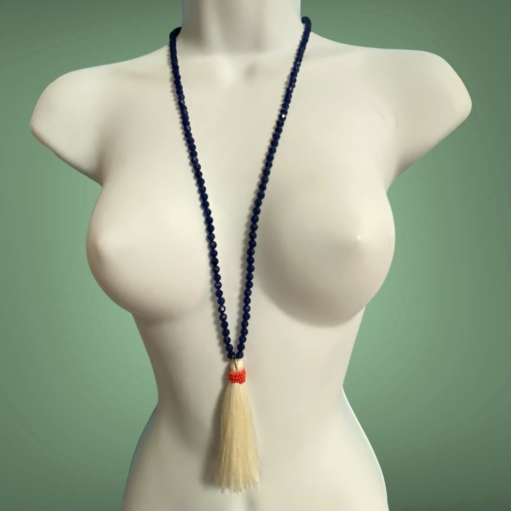 J.CREW Blue Acrylic Beads With White Tassel Pendant